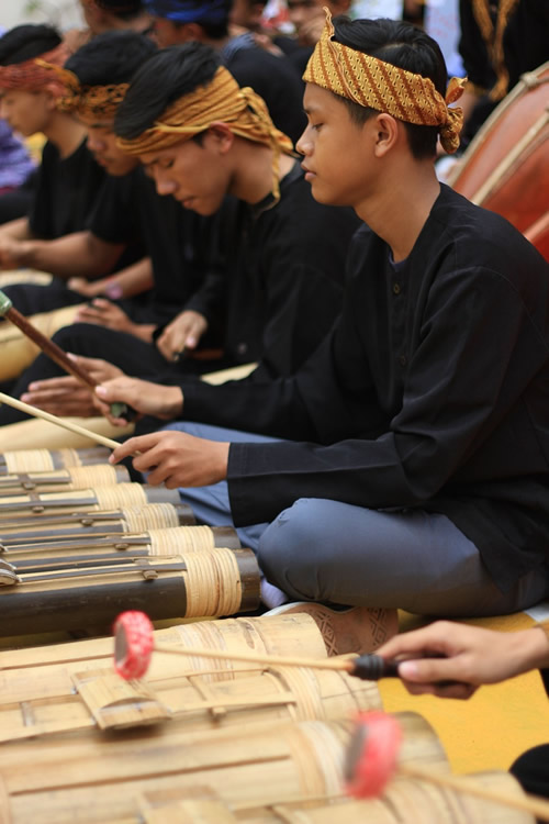 Bamboo Musical Instruments and Musicians Playing Traditional Music